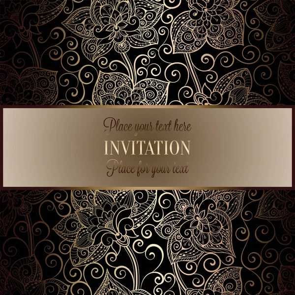 Victorian background with antique, luxury black and gold vintage frame, victorian banner, damask floral wallpaper ornaments, invitation card, baroque style booklet, fashion pattern, template for desig — Stock Vector