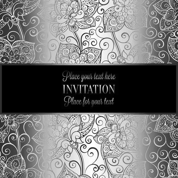 Fond victorien avec cadre vintage antique, noir et argent de luxe, bannière victorienne, ornements de papier peint floral damassé, carte d'invitation, livret de style baroque, modèle de mode, modèle — Image vectorielle