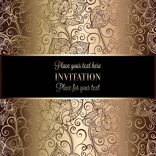 Fondo victoriano con marco antiguo, beige de lujo y oro vintage, bandera victoriana, adornos de papel pintado floral damasco, tarjeta de invitación, folleto de estilo barroco, patrón de moda, plantilla para desig — Vector de stock