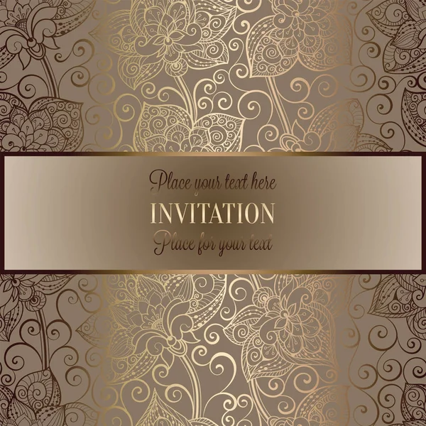 Fondo victoriano con marco antiguo, beige de lujo y oro vintage, bandera victoriana, adornos de papel pintado floral damasco, tarjeta de invitación, folleto de estilo barroco, patrón de moda, plantilla para desig — Vector de stock