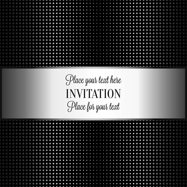 Baroque background with antique, luxury black and metal silver frame, template banner, halftone dot decoration, perfect for invitation or greeting card, stylish and contemporary design — Stock Vector