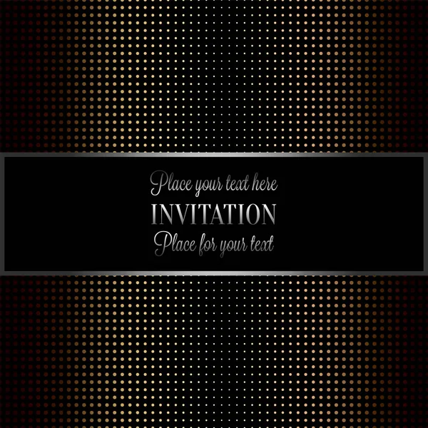 Baroque background with antique, luxury black and metal gold frame, template banner, halftone dot decoration, perfect for invitation or greeting card, stylish and contemporary design — Stock Vector