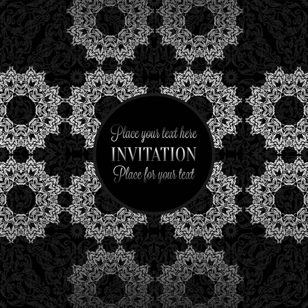 Luxury ornament, lace in antique black and silver colors with vintage frame, victorian style invitation, wedding or greeting card, baroque background pattern, rich silver decor, perfect design templat — Stock Vector
