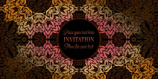 Luxe sieraad, lace in roze, goud en gele kleuren met vintage frame, Victoriaanse stijl uitnodiging, bruiloft of wenskaarten, barokke achtergrondpatroon, rijke decor, perfecte ontwerpsjabloon — Stockvector