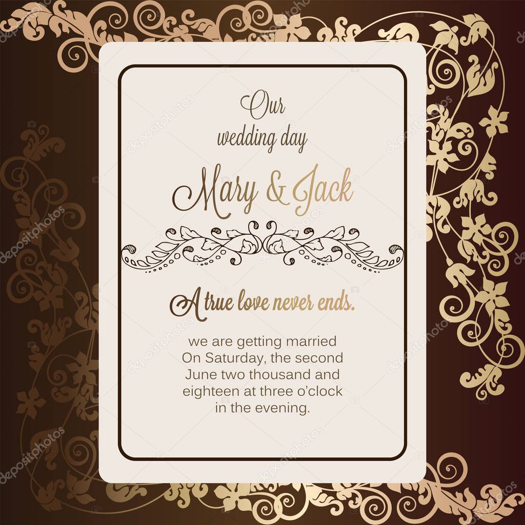 Antique baroque luxury wedding invitation, gold and chocolate brown background with frame and place for text, lacy foliage with shiny gradient.