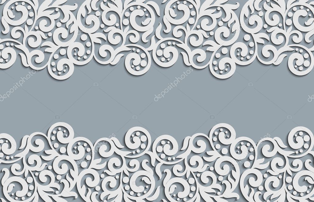 Vector floral swirls decoration. Abstract 3D background for invitation cards, design template with blank plac e for text. White simple lace with shadow, paper cut effect.