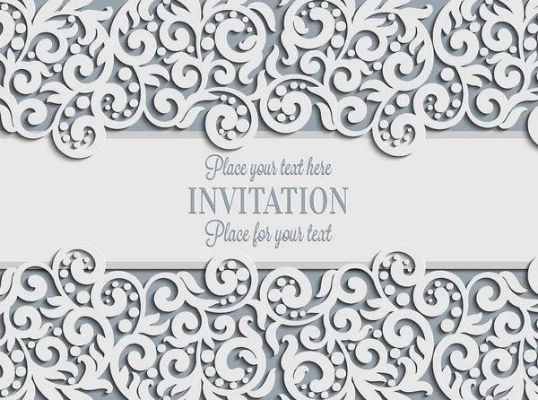 Vector floral remolinos decorado tarjeta de invitación. Plantilla de diseño de fondo 3D abstracta con lugar para texto. Encaje simple blanco con sombra, efecto de corte de papel . — Vector de stock