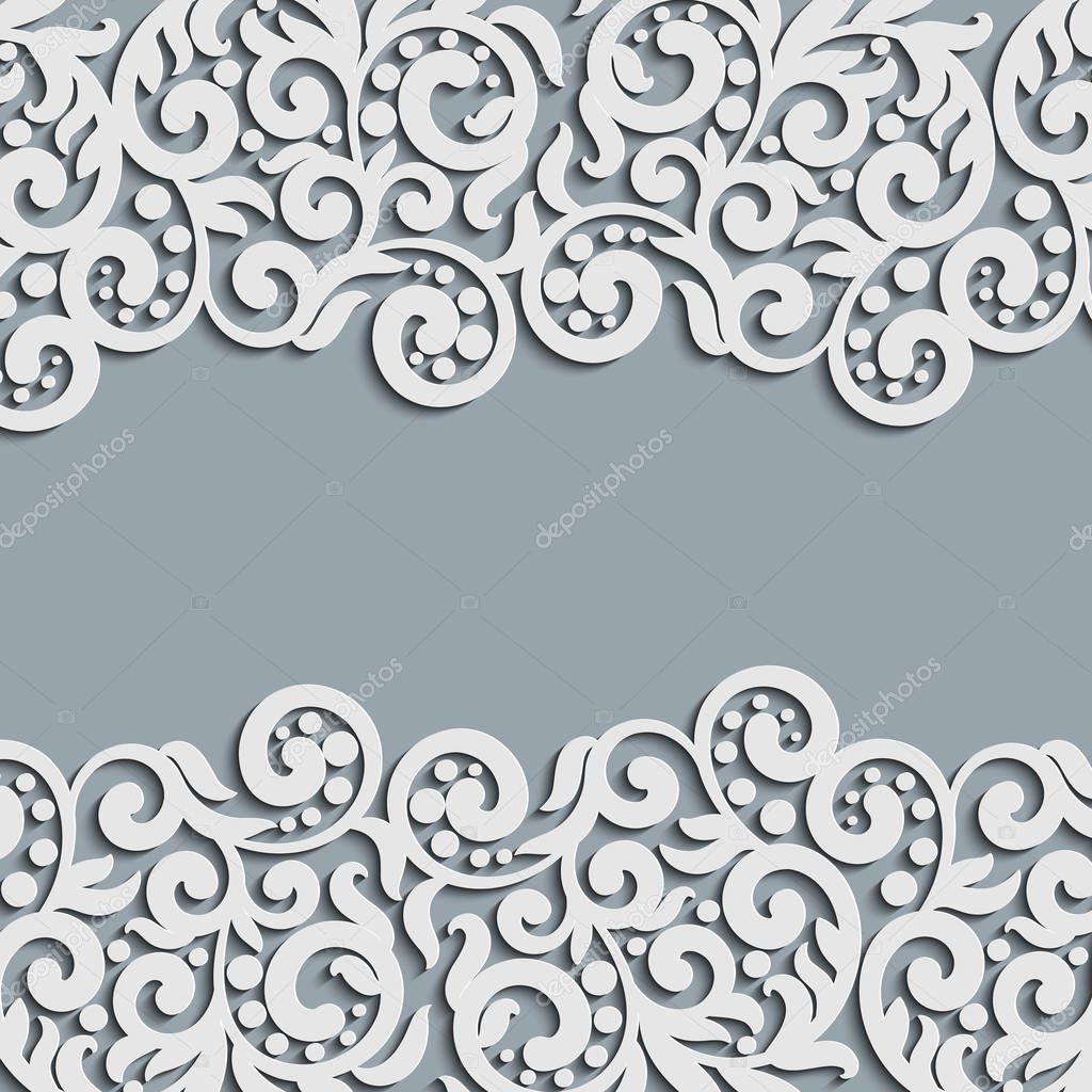 Vector floral swirls decoration. Abstract 3D background for invitation cards, design template with blank place for text. White simple lace with shadow, paper cut effect.