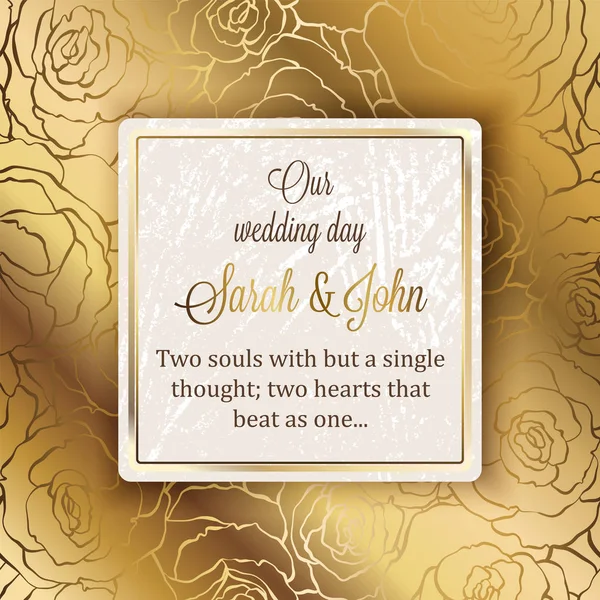 Intricate baroque luxury wedding invitation card, rich gold decor on beige background with frame and place for text, lacy foliage with shiny gradient. — Stock Vector