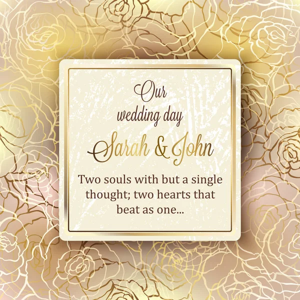 Ingewikkelde barokke luxe bruiloft uitnodigingskaart, rijke gouden decor op beige achtergrond met frame en plaats voor tekst, lacy gebladerte met glanzende verloop. — Stockvector