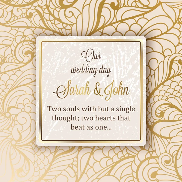 Intricate baroque luxury wedding invitation card, rich gold decor on beige background with frame and place for text, lacy foliage with shiny gradient. — Stock Vector