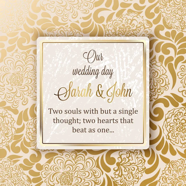 Intricate baroque luxury wedding invitation card, rich gold decor on beige background with frame and place for text, lacy foliage with shiny gradient. — Stock Vector