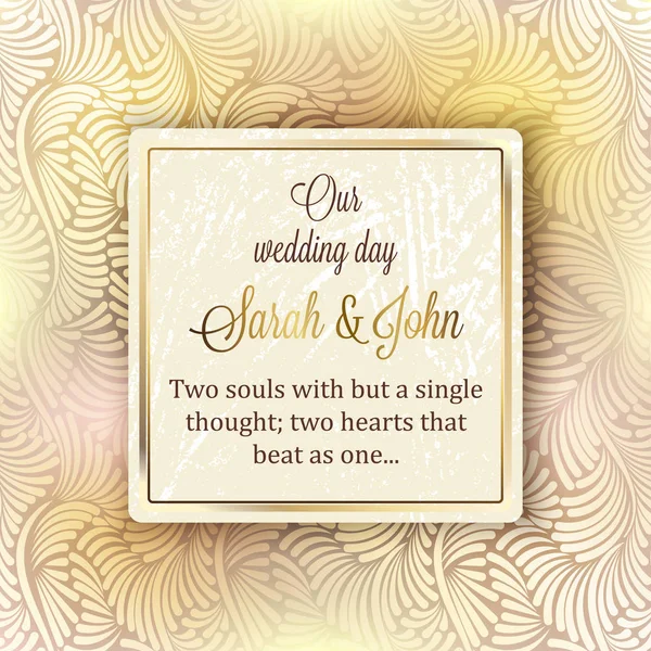 Intricate baroque luxury wedding invitation card, rich gold decor on beige background with frame and place for text, lacy foliage with shiny gradient. — Stock Vector