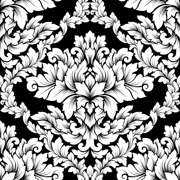 Damast nahtlose Muster kompliziertes Design. Luxus königliches Ornament, viktorianische Textur für Tapeten, Textilien, Verpackung. exquisite florale Barock-Spitze gedeihen schwarz und weiß. — Stockvektor