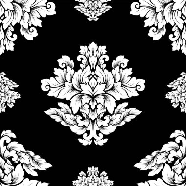 Damasko seamless modeli karmaşık tasarım. Lüks royal süsleme, Victoria doku duvar kağıdı, tekstil, ambalaj. Siyah ve beyaz siyah beyaz renklerde zarif çiçek Barok dantelli güzelleşmek