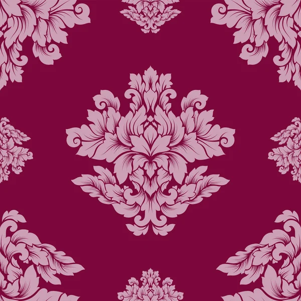Damast sömlösa mönster intrikata design. Lyxiga royal prydnad, viktorianska textur för tapeter, textil, inslagning. Utsökt blommig barock lacy blomstra i vintage djupt röd färg — Stock vektor