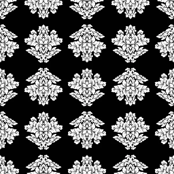 Damask naadloze patroon motief. Luxe royal sieraad, Victoriaanse textuur voor behang, textiel, zeewieren. Prachtige bloemen barok lacy bloeien in zwarte en witte monochrome kleuren — Stockvector