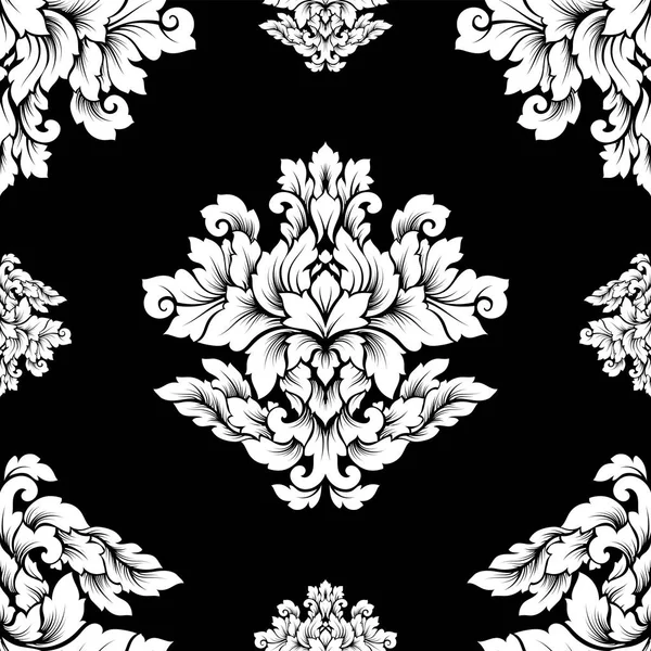 Damasco design sem costura padrão intrincado. Ornamento real de luxo, textura vitoriana para papéis de parede, têxtil, envoltório. requintado floral barroco renda florescer em preto e branco monocromático cores —  Vetores de Stock