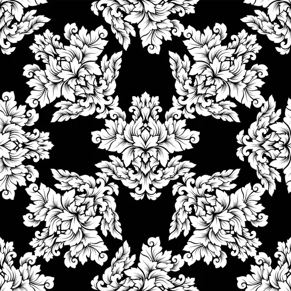 Damaškové vzor bezešvé složitý vzor na koberci. Luxusní royal ornament, viktoriánské textura tapety, textilní, obtékání. Nádherné květinové barokní krajkové vzkvétat v černé a bílé monochromatických barvách — Stockový vektor