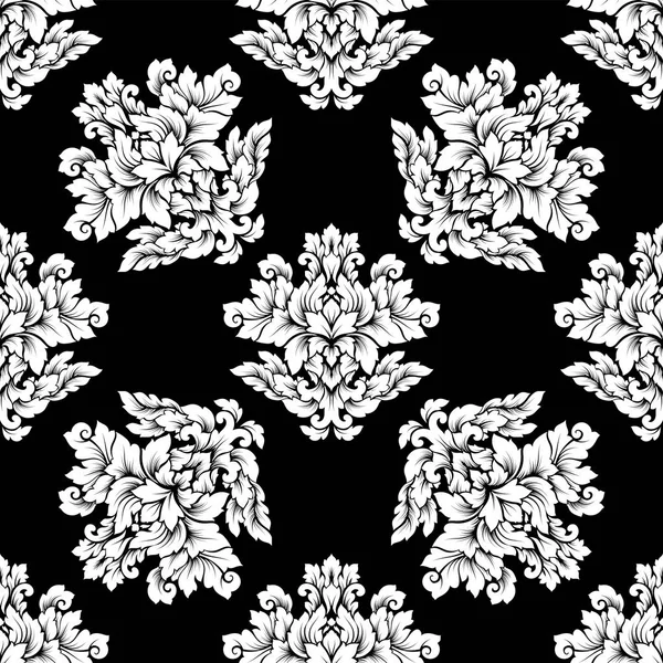 완벽 한 다 마스크 패턴 복잡 한 디자인입니다. 럭셔리 로얄 장식, 직물, 배경 화면, 빅토리아 질감 래핑. 검은색과 흰색 단색 색상에 절묘 한 꽃 바로크 레이스 번 창 — 스톡 벡터