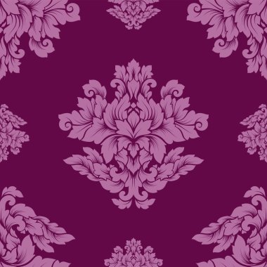 Damasko seamless modeli karmaşık tasarım. Lüks royal süsleme, Victoria doku duvar kağıdı, tekstil, ambalaj. Mükemmel çiçek Barok dantelli güzelleşmek zengin pembe ve mor colo döşemedeki yinelenen