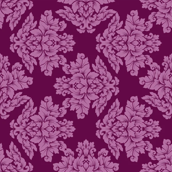 Damas motif sans couture design complexe. Ornement royal de luxe, texture victorienne pour fonds d'écran, textile, emballage. Exquise dentelle baroque fleurie répétition tuile rose et violet riche colo — Image vectorielle