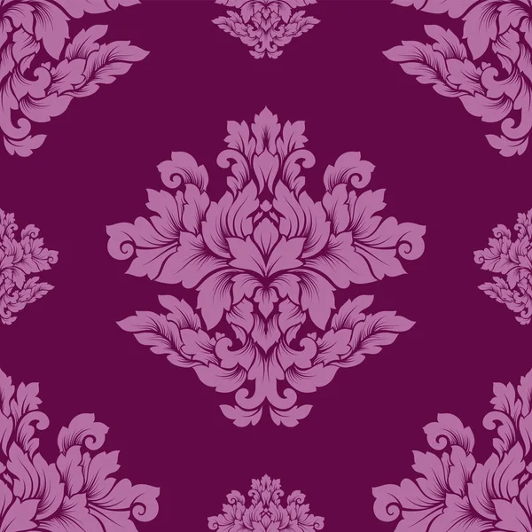Дизайн без маски интригует. Роскошный королевский орнамент, викторианская текстура для обоев, текстиль, обертка. Изысканный цветочный барокко кружева процветать повторяющиеся плитки в богатых розовый и фиолетовый коло — стоковый вектор