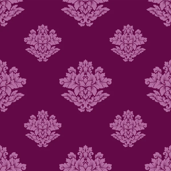 Damasco patrón sin costuras diseño intrincado. Adorno real de lujo, textura victoriana para fondos de pantalla, textil, envoltura. Exquisito encaje barroco floral florecer azulejo repetitivo en rico colo rosa y púrpura — Archivo Imágenes Vectoriales