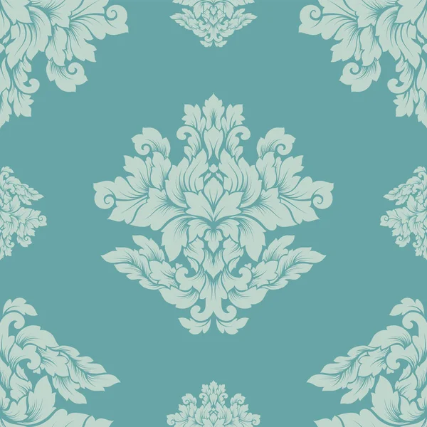 Damas motif sans couture design complexe. Ornement royal de luxe, texture victorienne pour fonds d'écran, textile, emballage. Exquise dentelle baroque fleurie répétition carrelage en col turquoise pastel doux — Image vectorielle