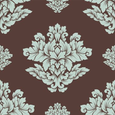 Damasko seamless modeli karmaşık tasarım. Lüks royal süsleme, Victoria doku duvar kağıdı, tekstil, ambalaj. Mükemmel çiçek Barok dantelli güzelleşmek kahverengi ve açık mavi döşemedeki yinelenen