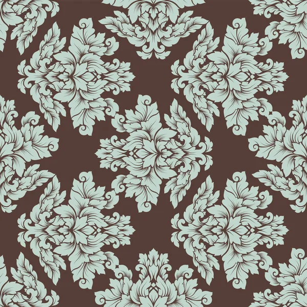 Damas motif sans couture design complexe. Ornement royal de luxe, texture victorienne pour fonds d'écran, textile, emballage. Exquise dentelle baroque fleurie répétition tuile en brun et bleu clair — Image vectorielle