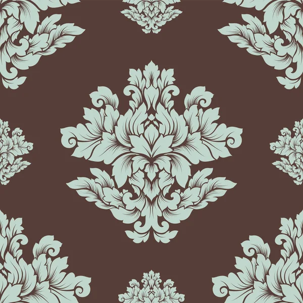 Damas motif sans couture design complexe. Ornement royal de luxe, texture victorienne pour fonds d'écran, textile, emballage. Exquise dentelle baroque fleurie répétition tuile en brun et bleu clair — Image vectorielle