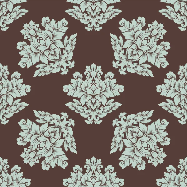 Damask seamless pattern intricate design. Luxury royal ornament, victorian texture for wallpapers, textile, wrapping. Exquisite floral baroque lacy flourish repeating tile in brown and light blue — Stock Vector