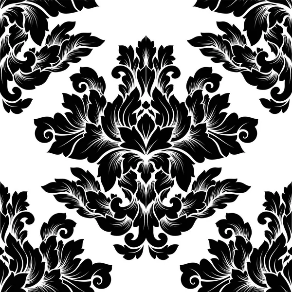 Damast nahtlose Muster kompliziertes Design. Luxus königliches Ornament, viktorianische Textur für Tapeten, Textilien, Verpackung. exquisite florale Barockspitze gedeiht in schwarz-weißen monochromen Farben — Stockvektor