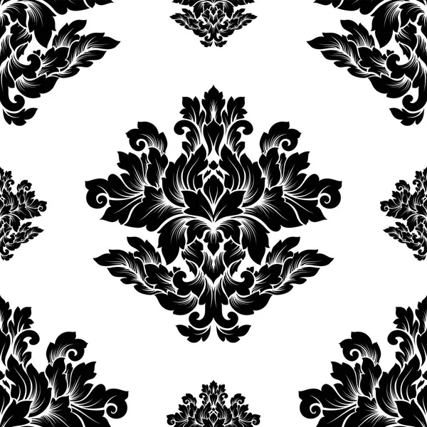 Damasco design sem costura padrão intrincado. Ornamento real de luxo, textura vitoriana para papéis de parede, têxtil, envoltório. requintado floral barroco renda florescer em preto e branco monocromático cores —  Vetores de Stock