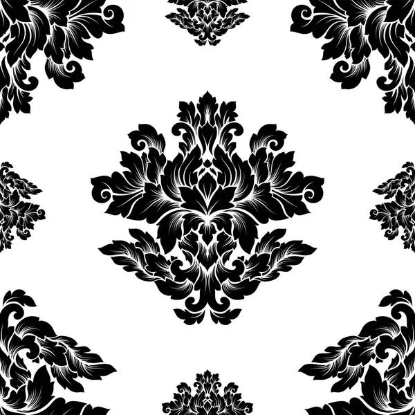 Damasco design sem costura padrão intrincado. Ornamento real de luxo, textura vitoriana para papéis de parede, têxtil, envoltório. requintado floral barroco renda florescer em preto e branco monocromático cores —  Vetores de Stock