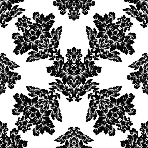 Damask naadloze patroon motief. Luxe royal sieraad, Victoriaanse textuur voor behang, textiel, zeewieren. Prachtige bloemen barok lacy bloeien in zwarte en witte monochrome kleuren — Stockvector