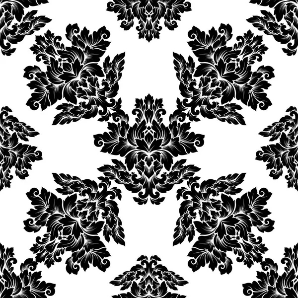 Damasco patrón sin costuras diseño intrincado. Adorno real de lujo, textura victoriana para fondos de pantalla, textil, envoltura. Exquisito encaje barroco floral florecer en blanco y negro monocromo colores — Archivo Imágenes Vectoriales