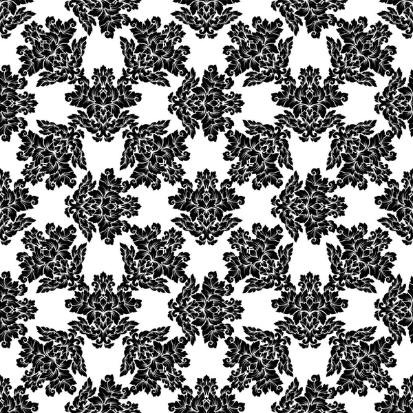 Damask naadloze patroon motief. Luxe royal sieraad, Victoriaanse textuur voor behang, textiel, zeewieren. Prachtige bloemen barok lacy bloeien in zwarte en witte monochrome kleuren — Stockvector