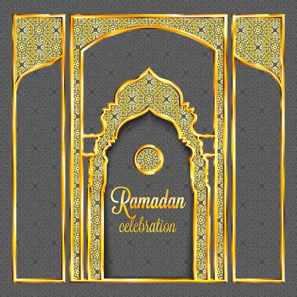 Ramadan Kareem wenskaart met traditionele islamitische patroon, uitnodiging of brochure in Oost-stijl. Arabische cirkel en sterren gouden patroon. Gouden sieraad met glanzende frames en moskee gestileerde deuren. — Stockvector