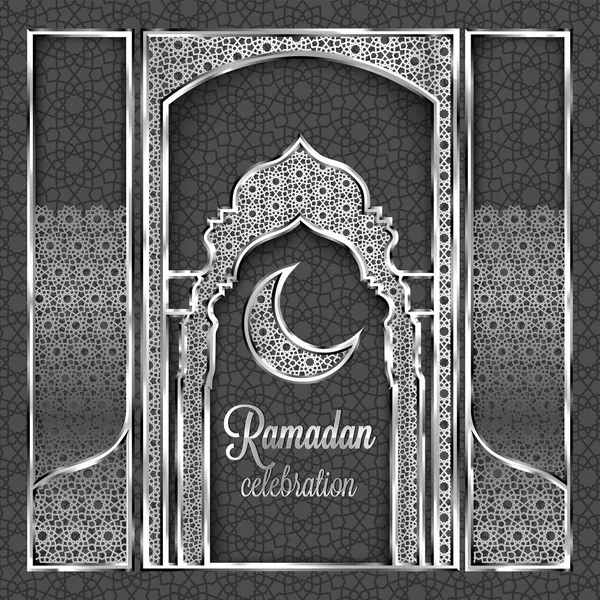 Ramadan Kareem gratulationskort med traditionella islamiska mönster, inbjudan eller broschyr i österländsk stil. Arabiska cirkeln och stjärnor silver mönster. Prydnad med glänsande ramar på neutral bakgrund. — Stock vektor