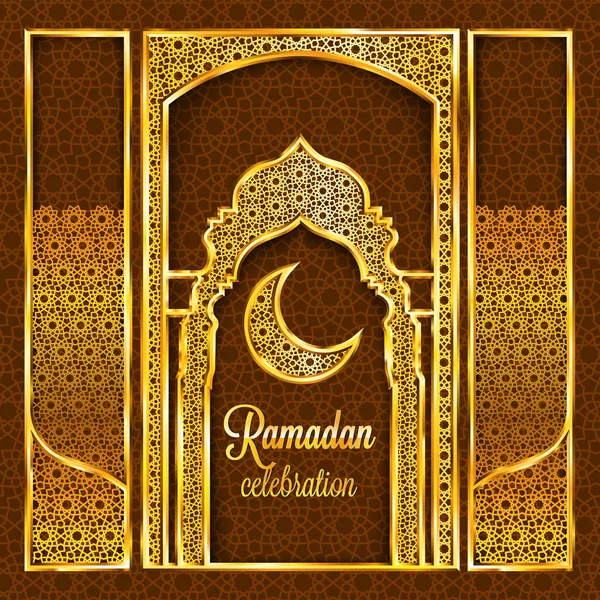 Tarjeta de felicitación Ramadán Kareem con patrón islámico tradicional, invitación o folleto en estilo oriental. Círculo árabe y estrellas patrón dorado. Adorno de oro con marcos brillantes y puertas estilizadas mezquita . — Vector de stock