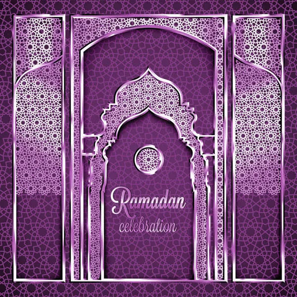 Ramadan Kareem gratulationskort med traditionella islamiska mönster, inbjudan eller broschyr i österländsk stil. Arabiska cirkeln och stjärnor intrikata mönster. Prydnad med glänsande ramar och lacy beackground — Stock vektor