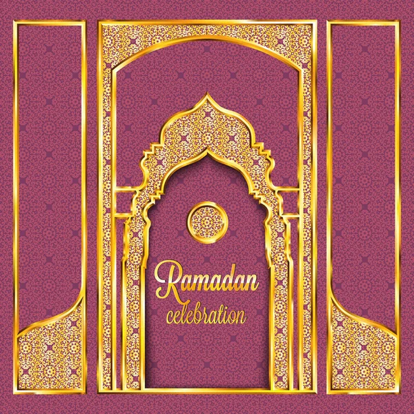 Ramadan Kareem wenskaart met traditionele islamitische patroon, uitnodiging of brochure in Oost-stijl. Arabische cirkel en sterren gouden patroon. Gouden sieraad met glanzende frames en moskee gestileerde deuren. — Stockvector