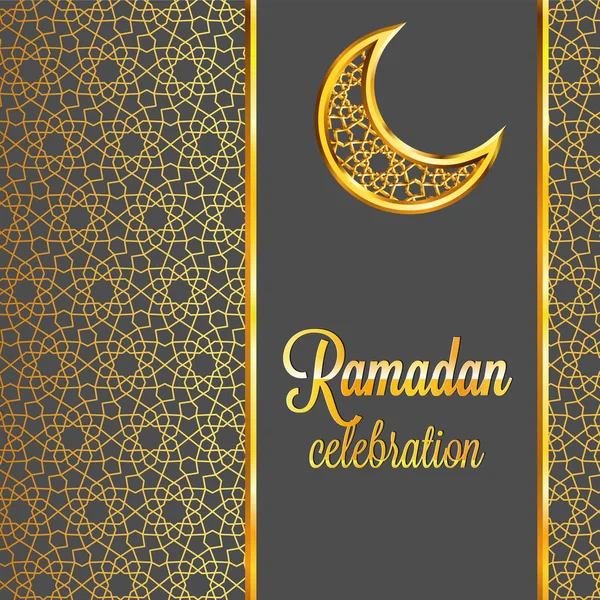 Ramadan Kareem gratulationskort med traditionella islamiska mönster, inbjudan eller broschyr i österländsk stil. Arabiska cirkeln och stjärnor gyllene mönster. Guld prydnad med glänsande ramar och månen — Stock vektor