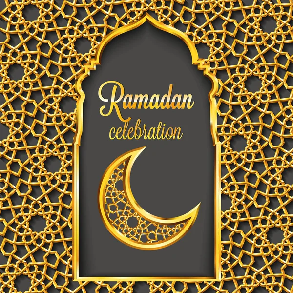 Ramadan Kareem cartão de saudação com padrão islâmico tradicional, convite ou folheto no círculo oriental style.Arabic e estrelas douradas Pattern.Gold ornamento com molduras brilhantes e mesquita portas estilizadas . —  Vetores de Stock