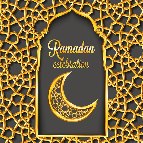 Ramadan Kareem kartu ucapan dengan pola islamik tradisional, undangan atau brosur di style.Arabic lingkaran dan bintang-bintang emas pattern.Gold ornamen dengan bingkai mengkilap dan masjid bergaya pintu . - Stok Vektor