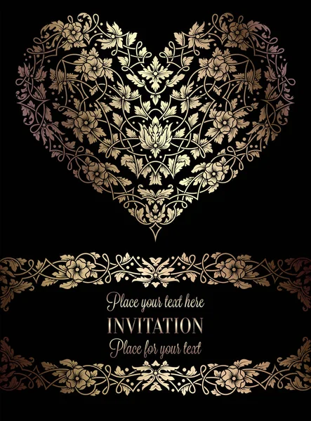 Floral προσκλητήριο με αντίκες, πολυτελή μαύρο και χρυσό πλαίσιο εκλεκτής ποιότητας και μεγάλη διακοσμητική καρδιά, βικτοριανό banner, εξαίσια ταπετσαρία στολίδι, μπαρόκ στυλ φυλλαδίου, σχέδιο μόδας, πρότυπο για — Διανυσματικό Αρχείο