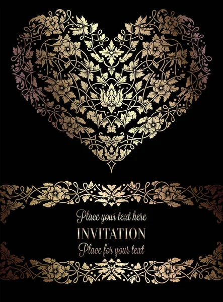 Tarjeta de invitación floral con marco antiguo, lujoso negro y dorado vintage y gran corazón ornamental, bandera victoriana, exquisito ornamento de papel pintado, folleto de estilo barroco, patrón de moda, plantilla para — Vector de stock