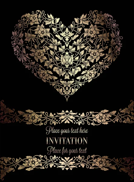 Floral uitnodigingskaart met antiek, luxe zwart en goud vintage frame en grote sier hart, Victoriaanse banner, exquise behang sieraad, barokke stijl boekje, mode patroon, ontwerpsjabloon — Stockvector